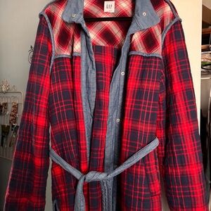 GAP Red and Navy Plaid Quilted Belted Jacket